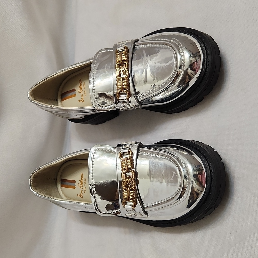Sam Edelman Teo Kids Silver Platform Lug Sole Loafers (Girls Size 11)